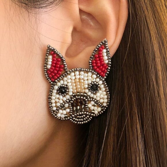 SET OF 2 PAIRS NEW Frenchie French Bulldog Seed Bead Earrings Boutique Quality - Picture 8 of 9